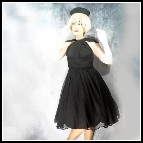 Vintage Black Formal Fit Flare Cocktail Dress, 50s New Look Chiffon Halter - Picture 3 of 15